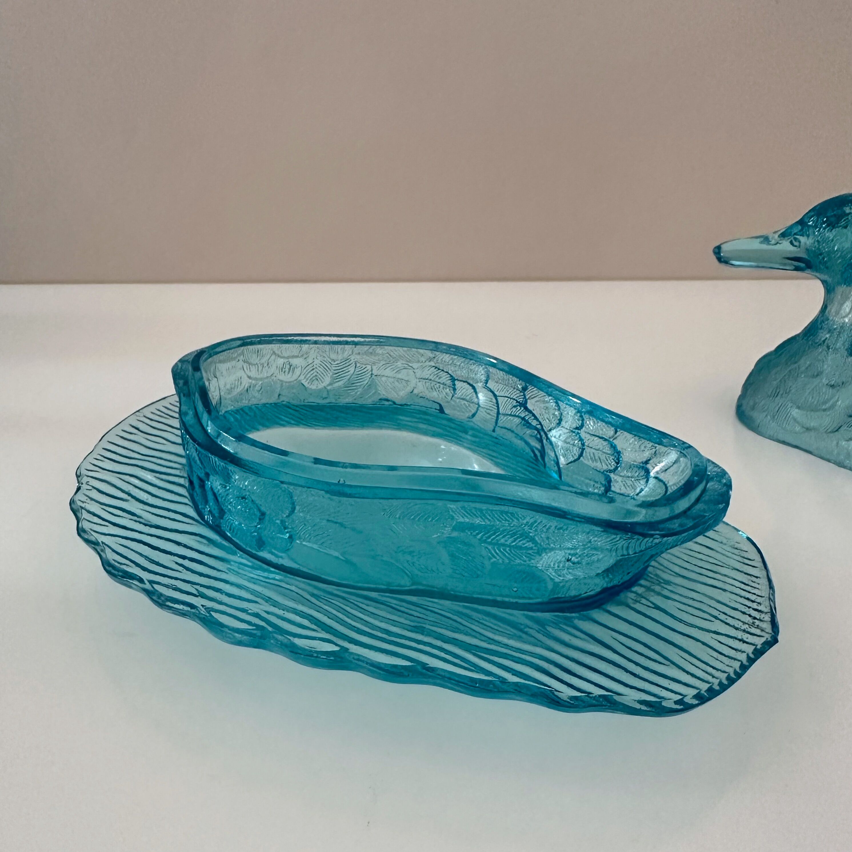 Art Deco glass duck, pressed glass turquoise, butter dish