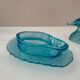 Art Deco glass duck, pressed glass turquoise, butter dish