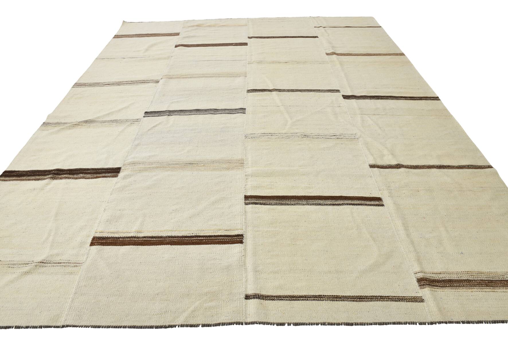 9x11 Cream & Brown Striped Large Kilim Rug, 265x334Cm