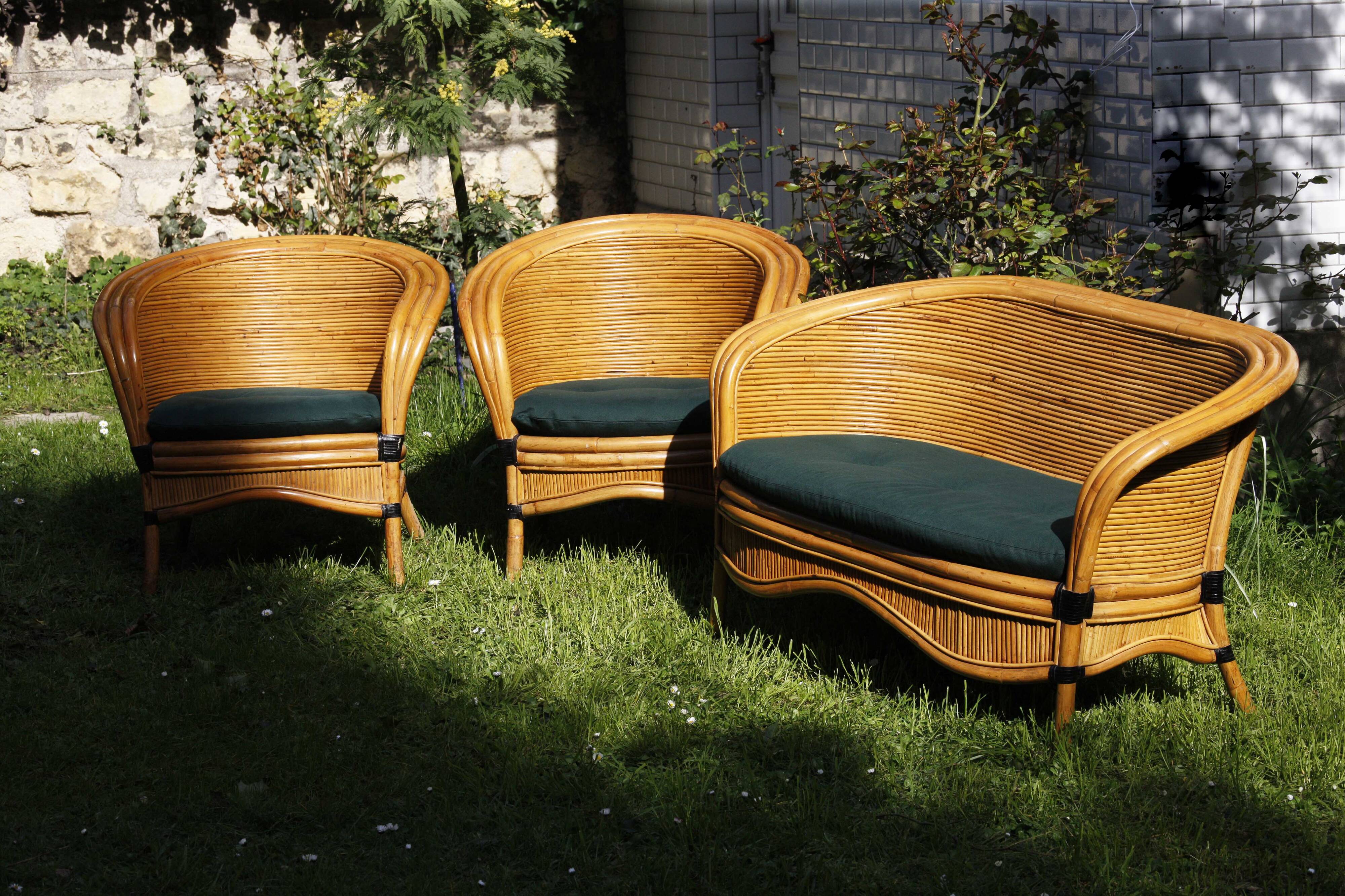 Raush bamboo rattan bench armchairs from the 70s and 80s