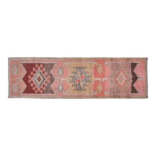 1970s Vintage Turkish Oushak Handmade Wool Cotton Pink Runner Rug 94x311