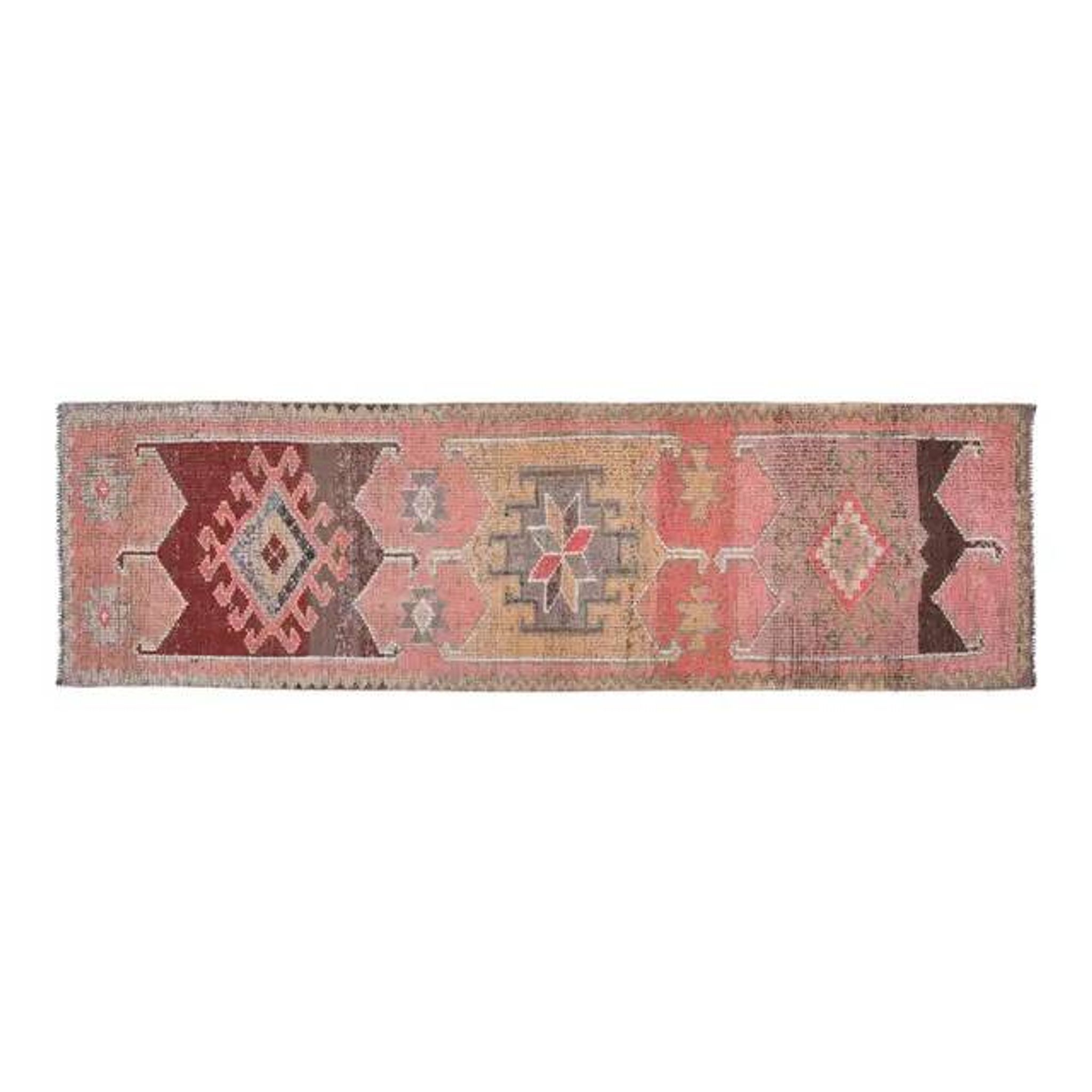 1970s Vintage Turkish Oushak Handmade Wool Cotton Pink Runner Rug 94x311