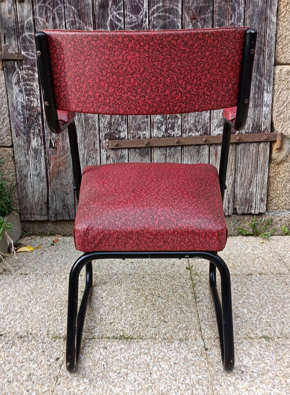 Design armchair, metal and red skai, vintage, 50s