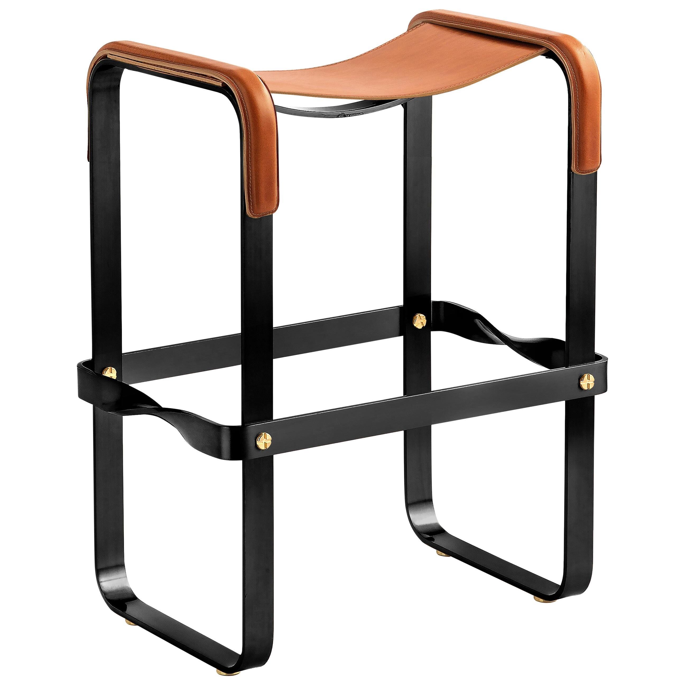 Contemporary Kitchen Bar Stool in Black Metal and Natural Tobacco Leather