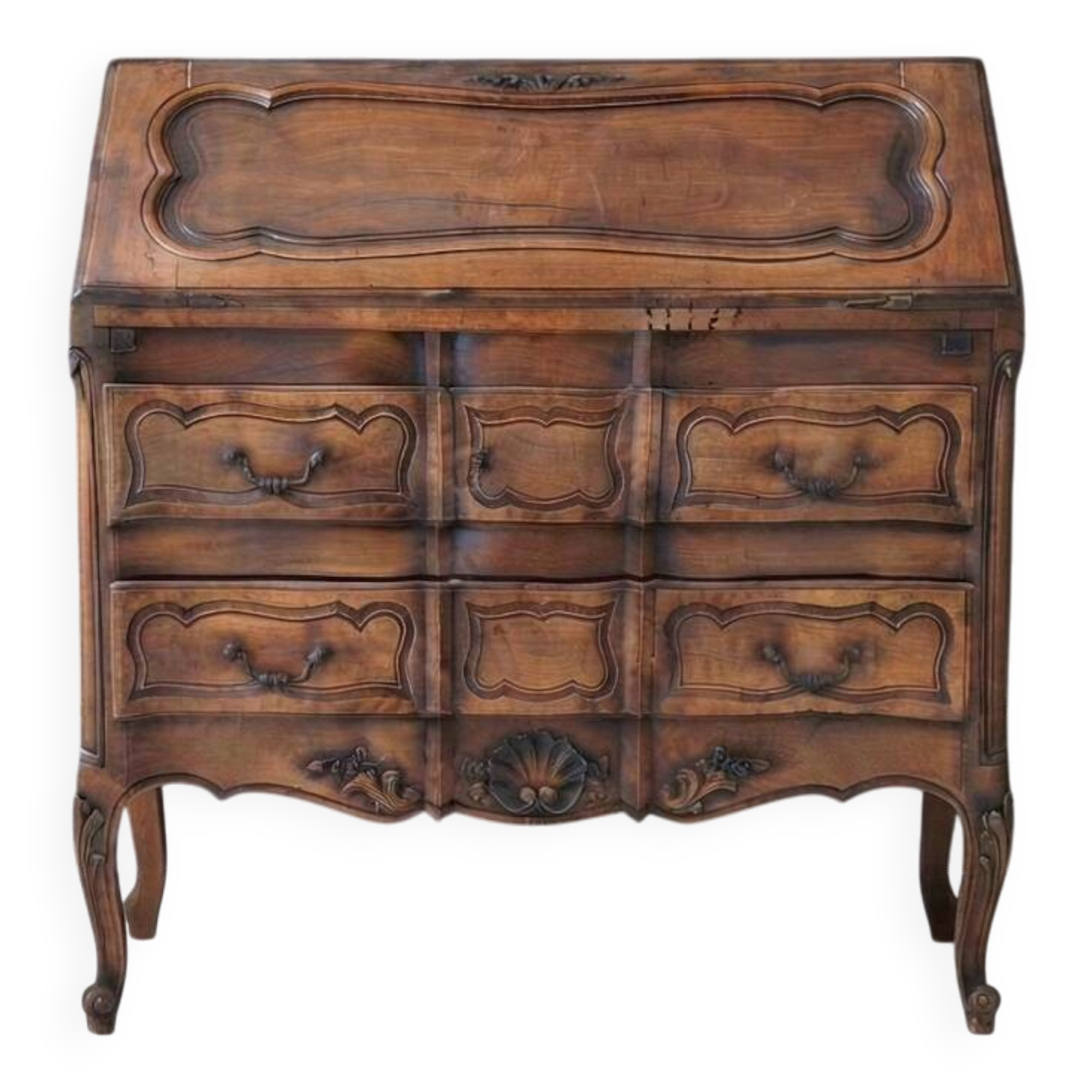 Secretary with a sloped top in solid walnut, Louis XV / Provençal style – 18th / XI