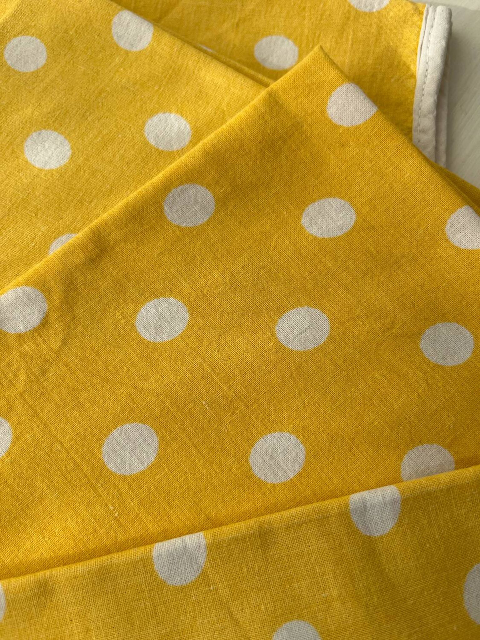 4 yellow napkins with white polka dots
