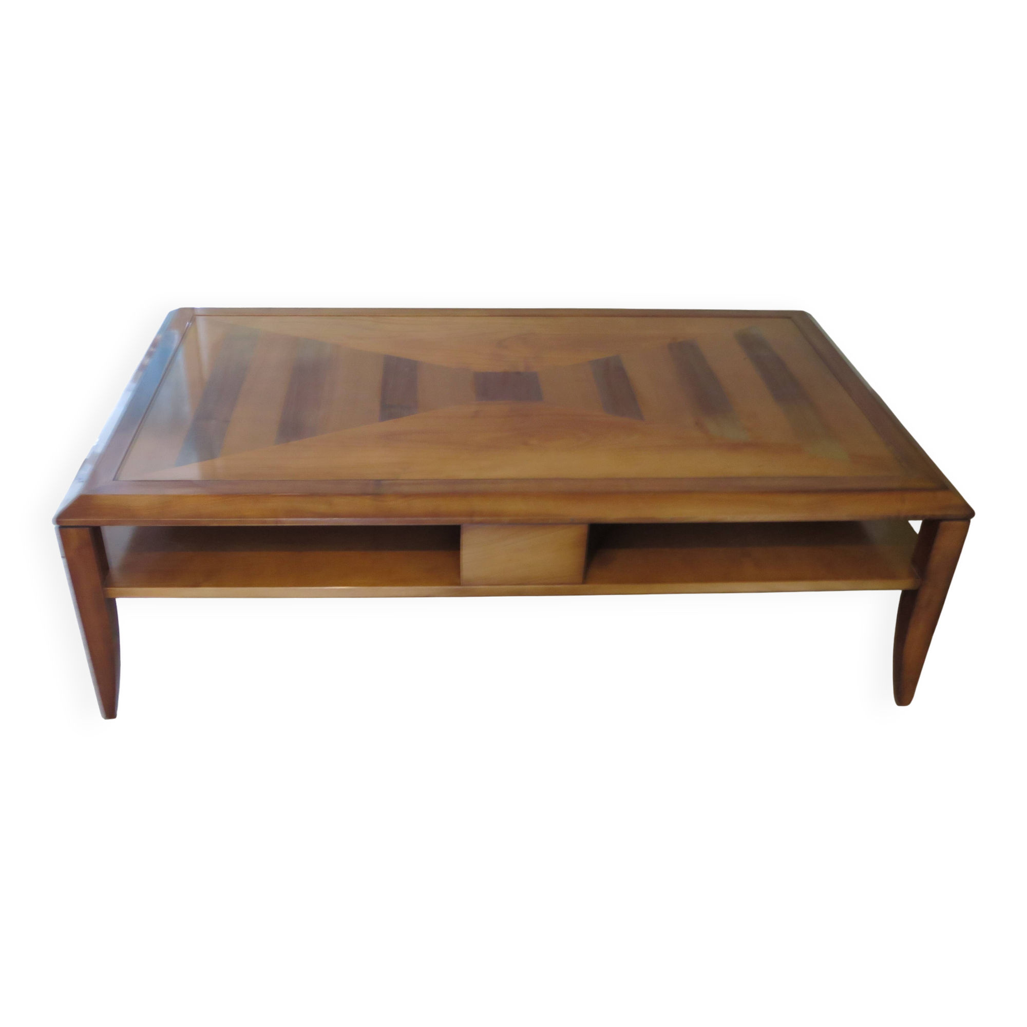 Large coffee table - cherry finish - solid wood - butterfly motifs