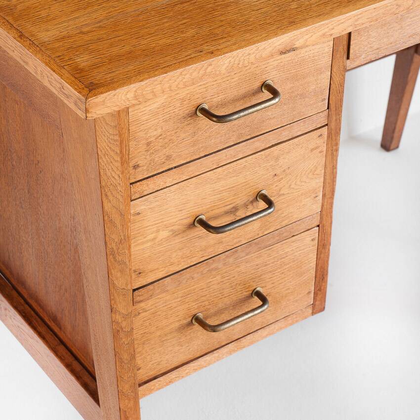 Vintage oak desk. Compass legs with drawers. France, 1950s