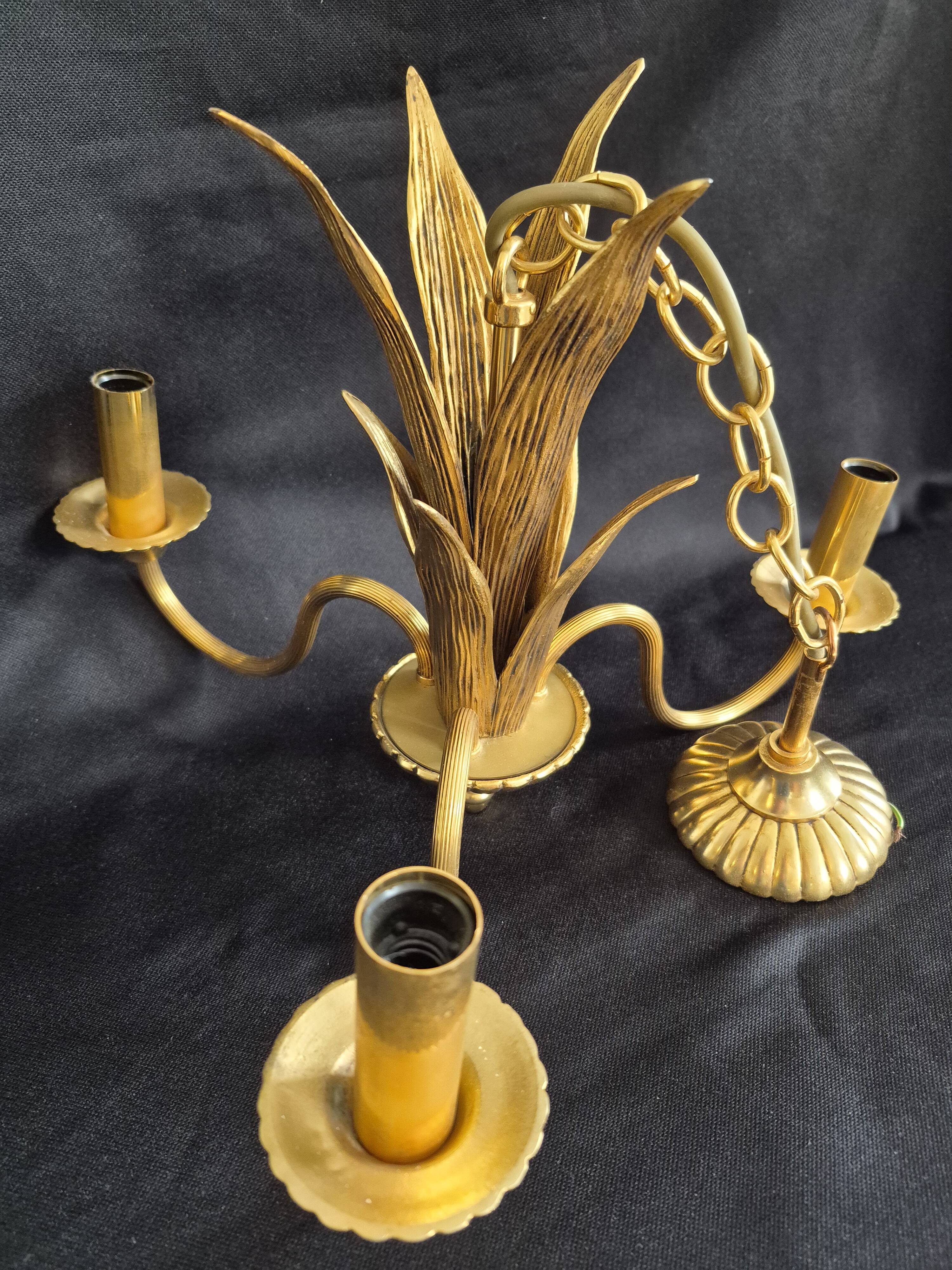 Hollywood Regency vintage gold palm chandelier 3 lights Hans Kögl style A666