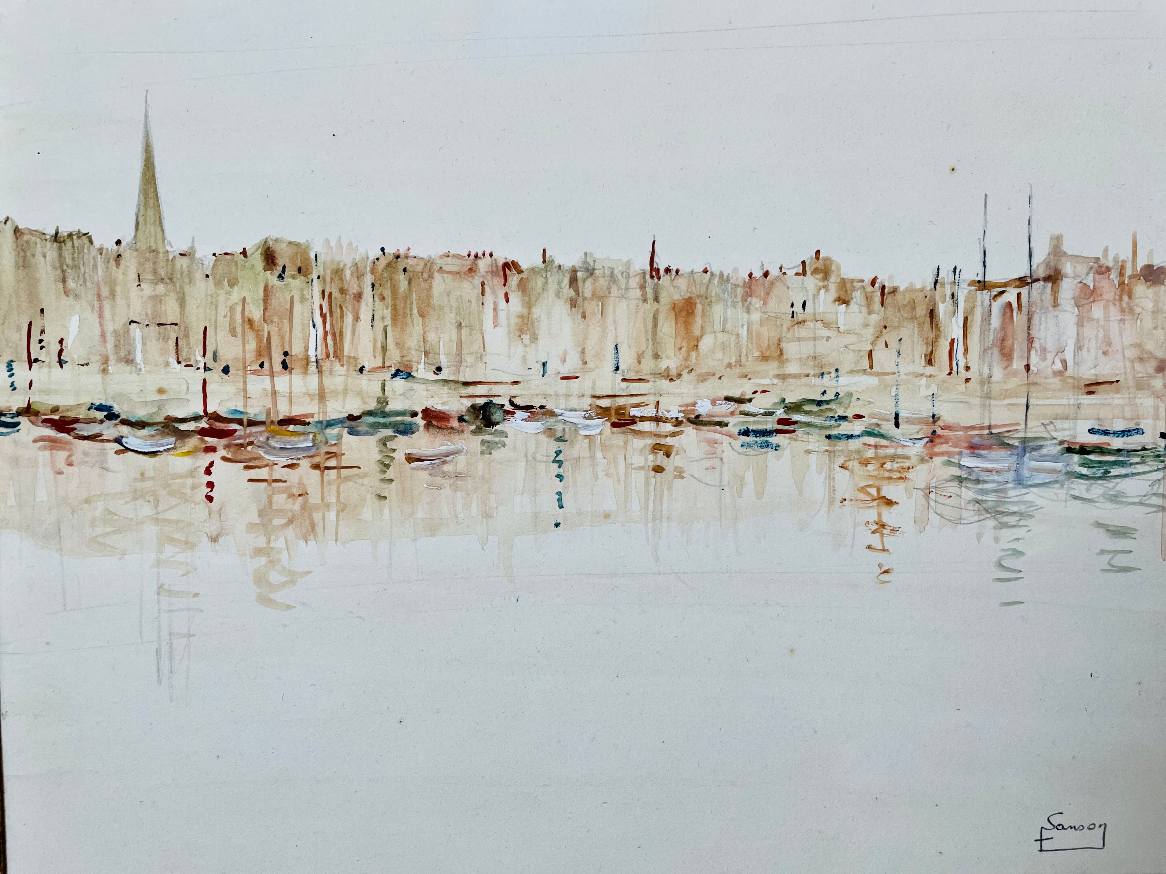 Watercolor painting honfleur brittany