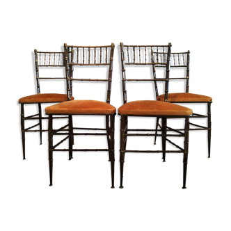 Suite de 4 chaises faux bambou laiton hollywood regency jaune moutarde