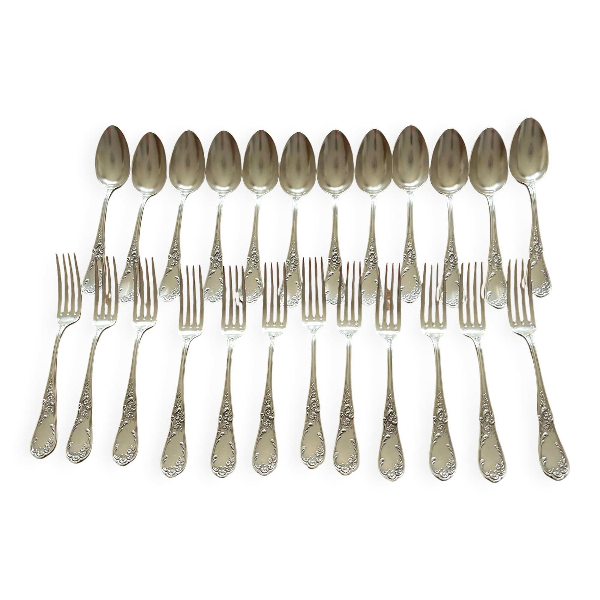10 antique silver plated metal dessert spoons and forks