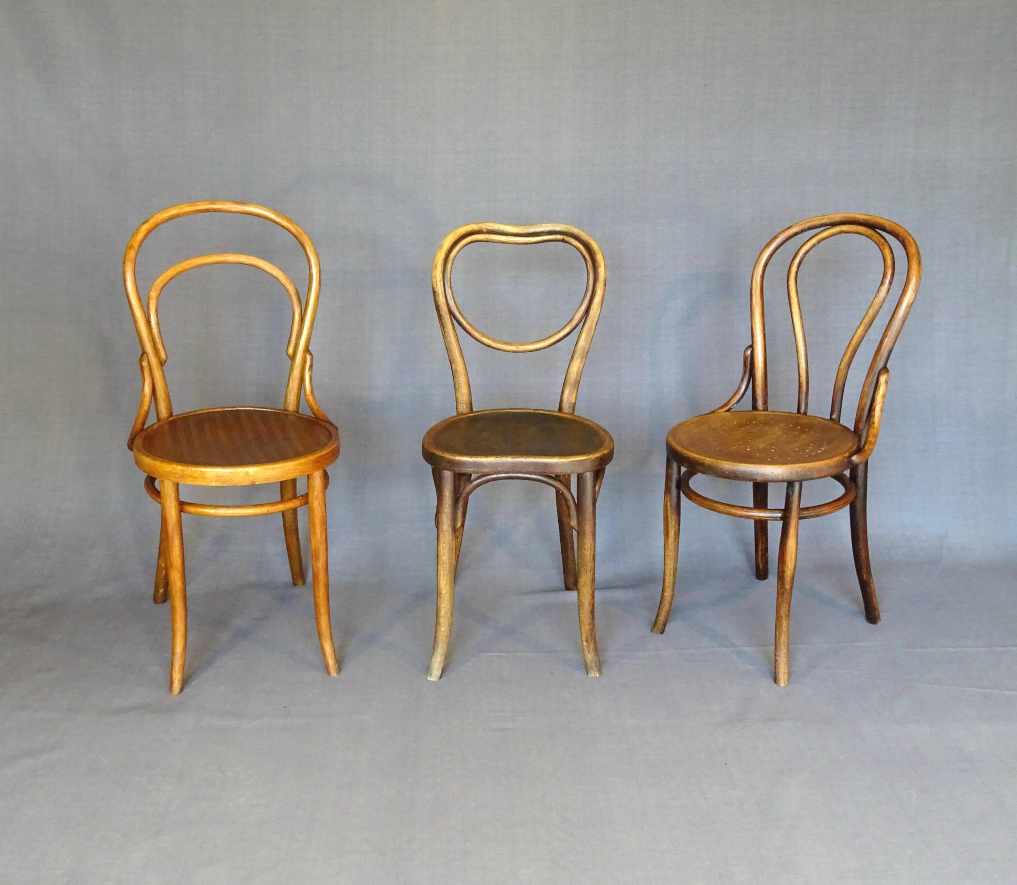 Set of 3 Bistro chairs with wooden seats, 1910 to 1920