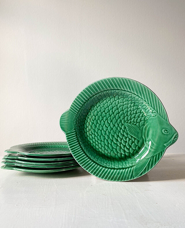Set of 6 flat plates green fish