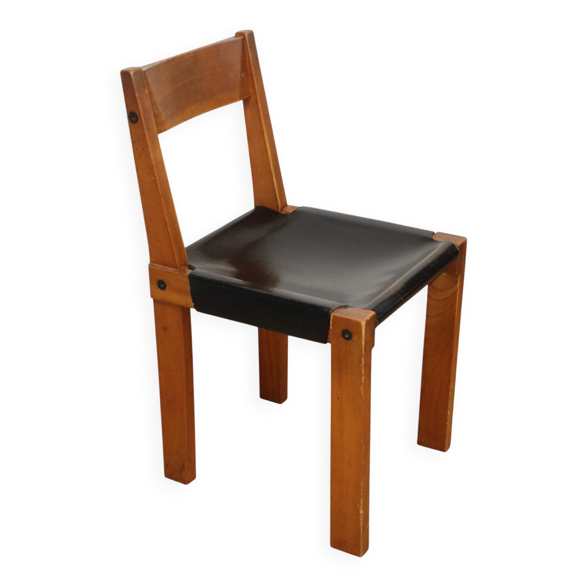 Chair S24 by Pierre Chapo – Solid elm and black leather – 1970