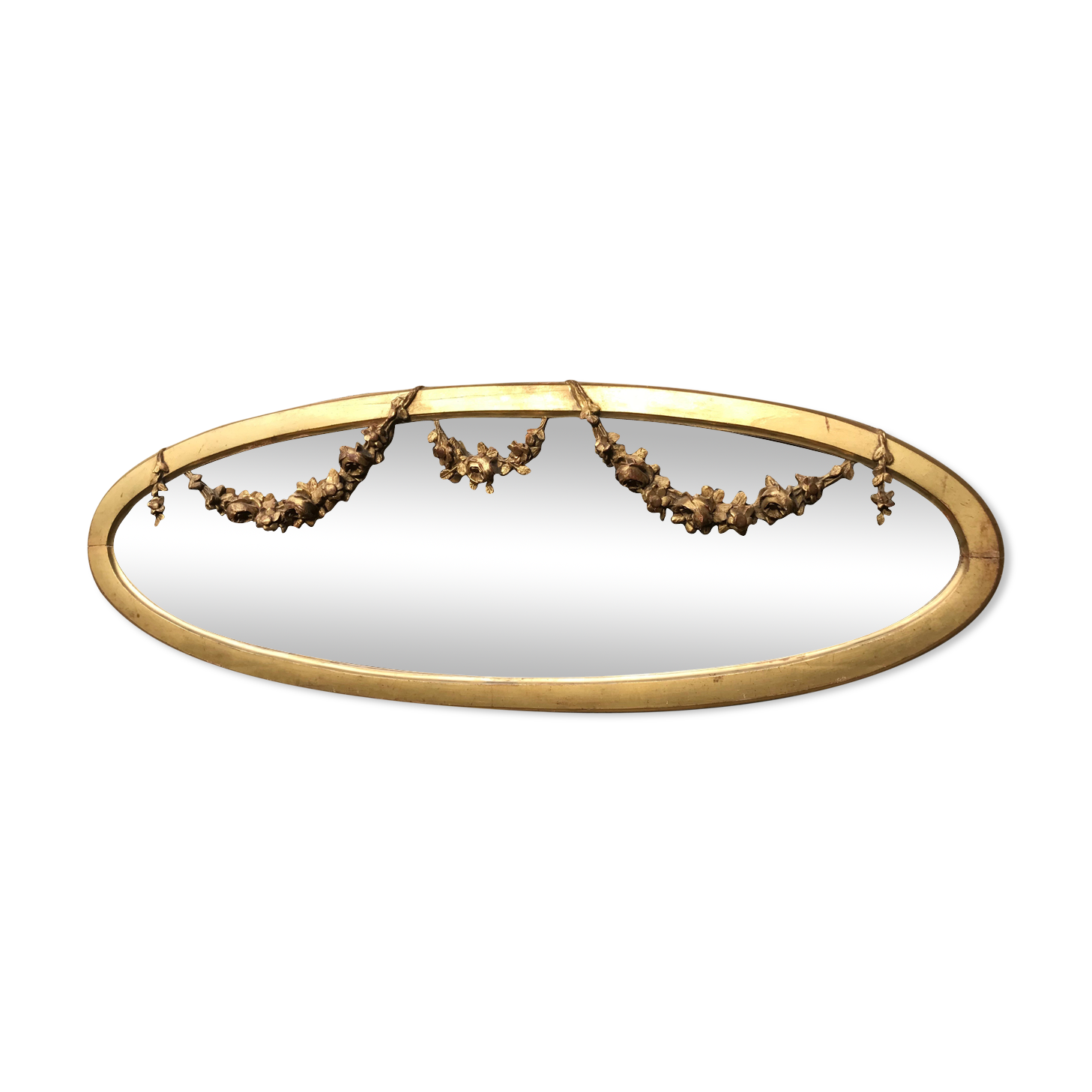 Golden oval mirror with gold leaf 106 x 38 cm