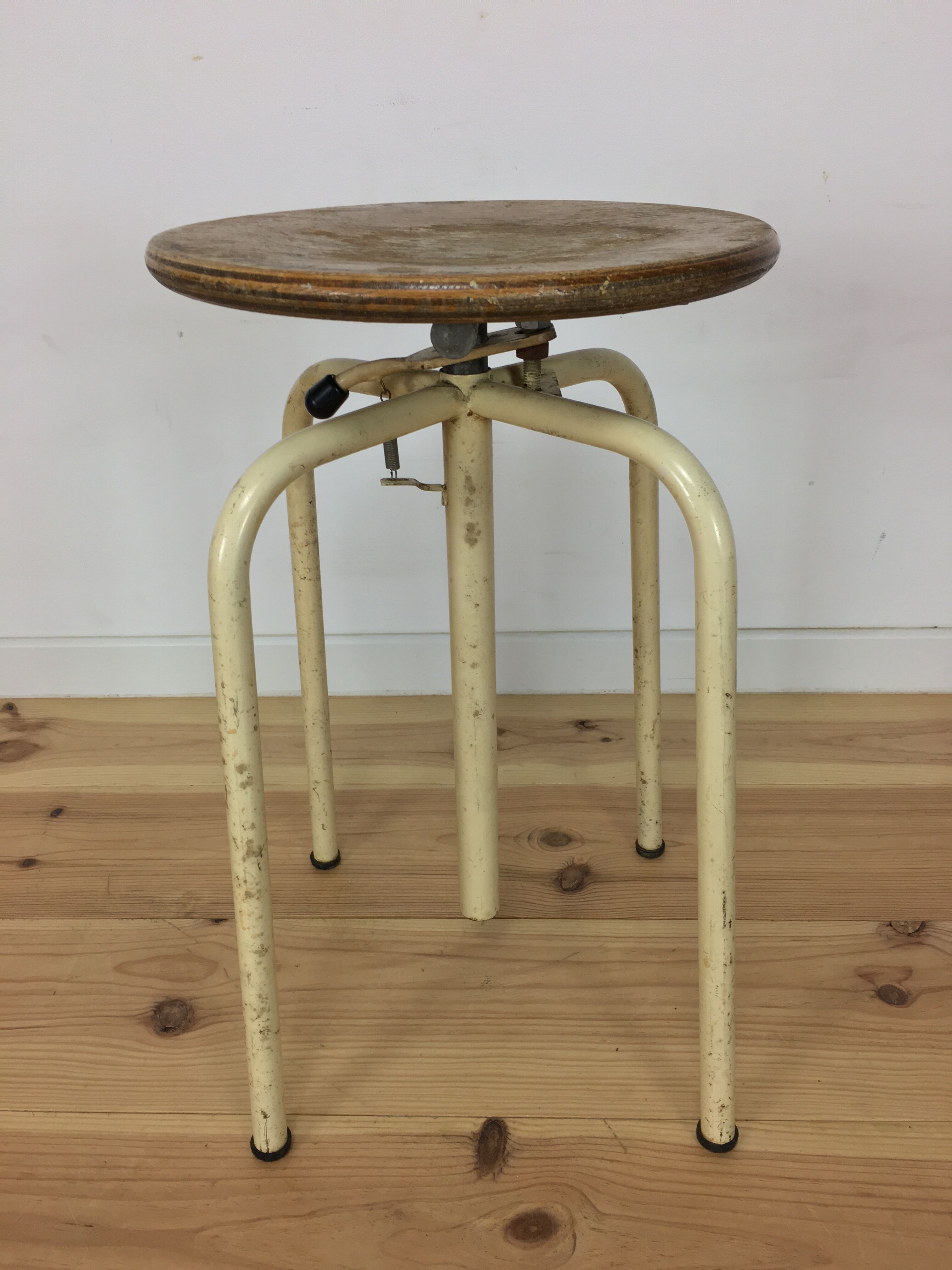 Workshop stool with system, metal and wood, adjustable industrial style