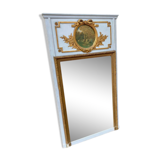 Miroir trumeau avec décor ovale et fronton en bois 1920