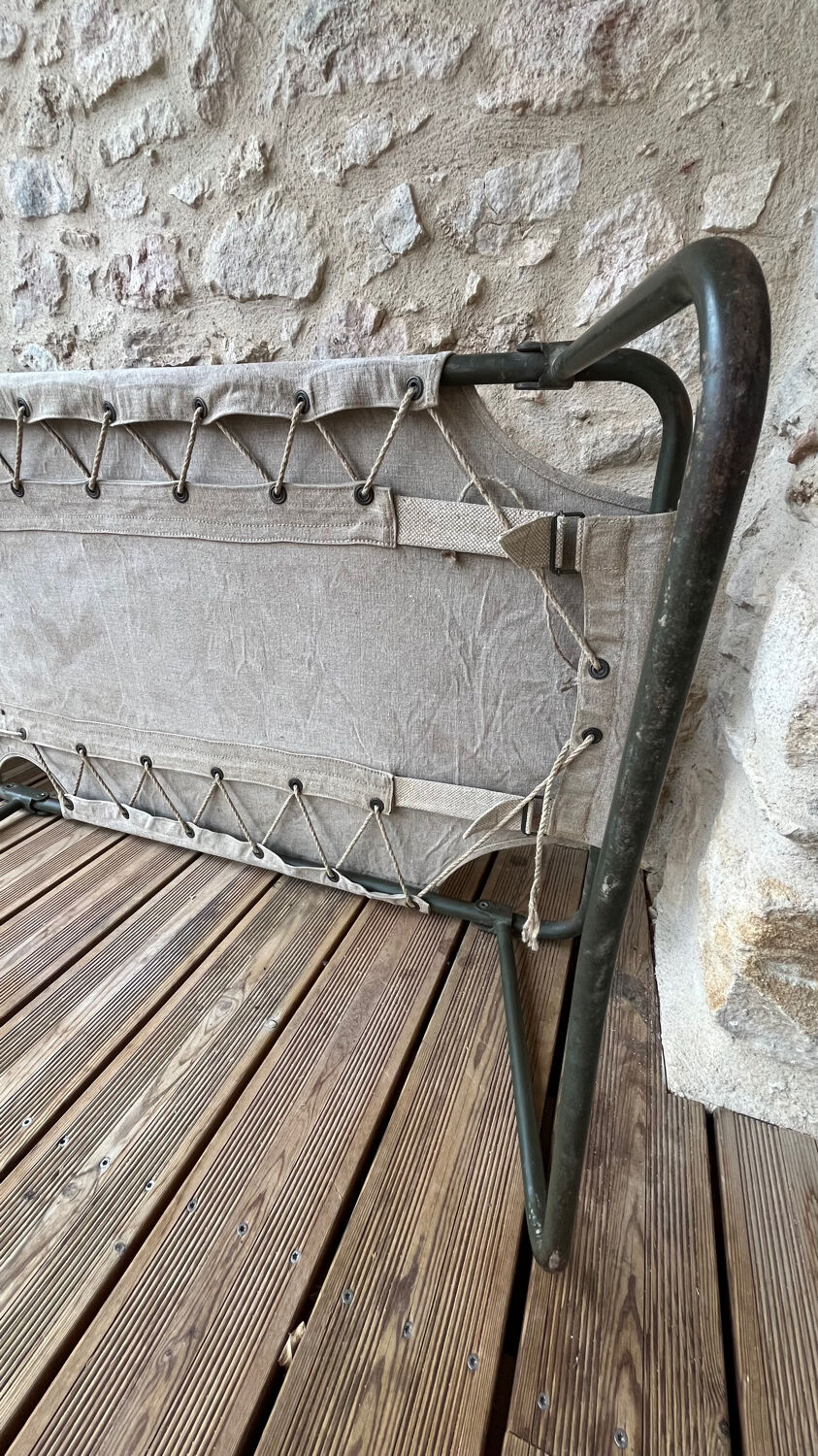 Antique folding military camp bed – khaki green canvas and metal