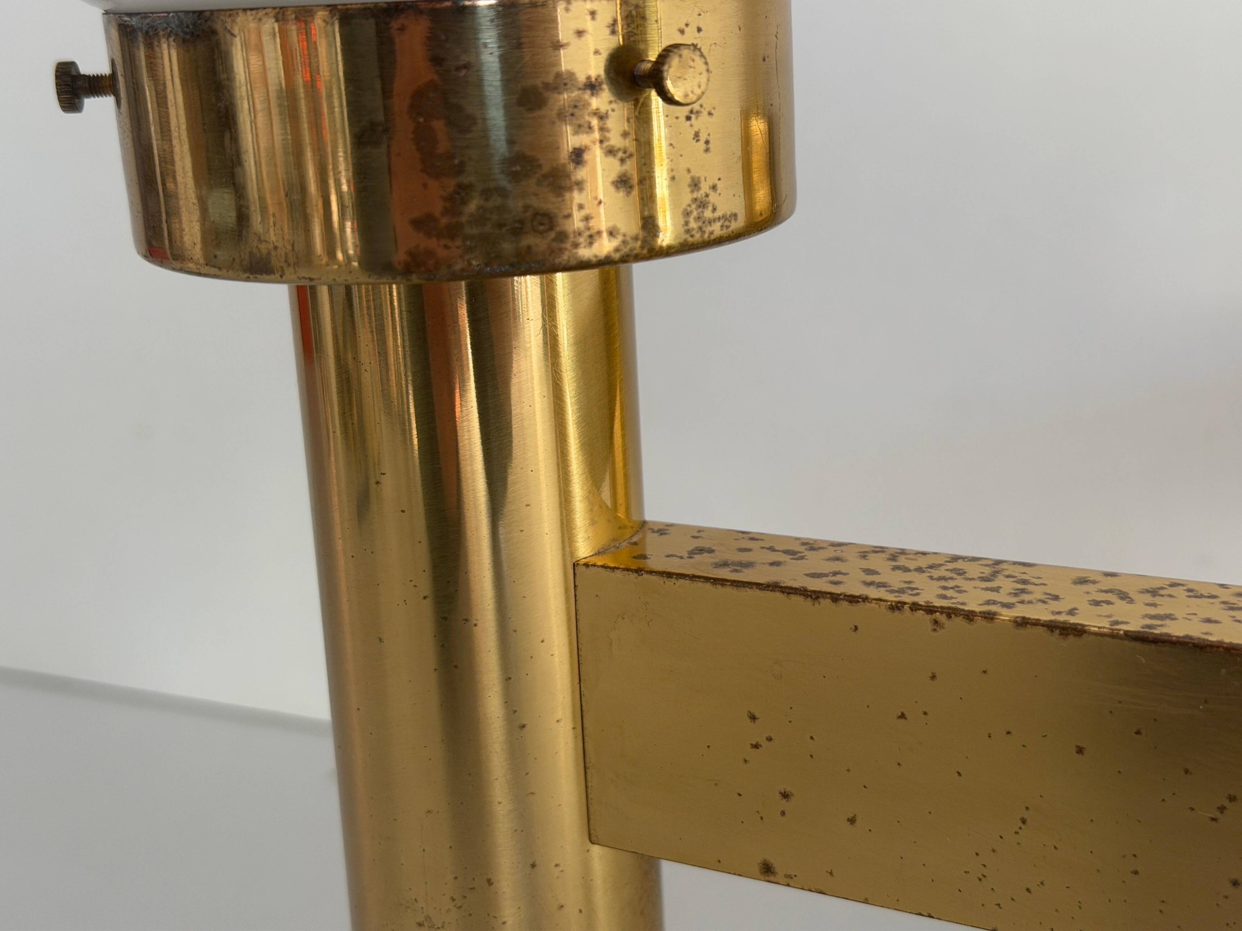 Double opal glass and heavy brass, large minimalist cinema wall light, 1960s, Germany