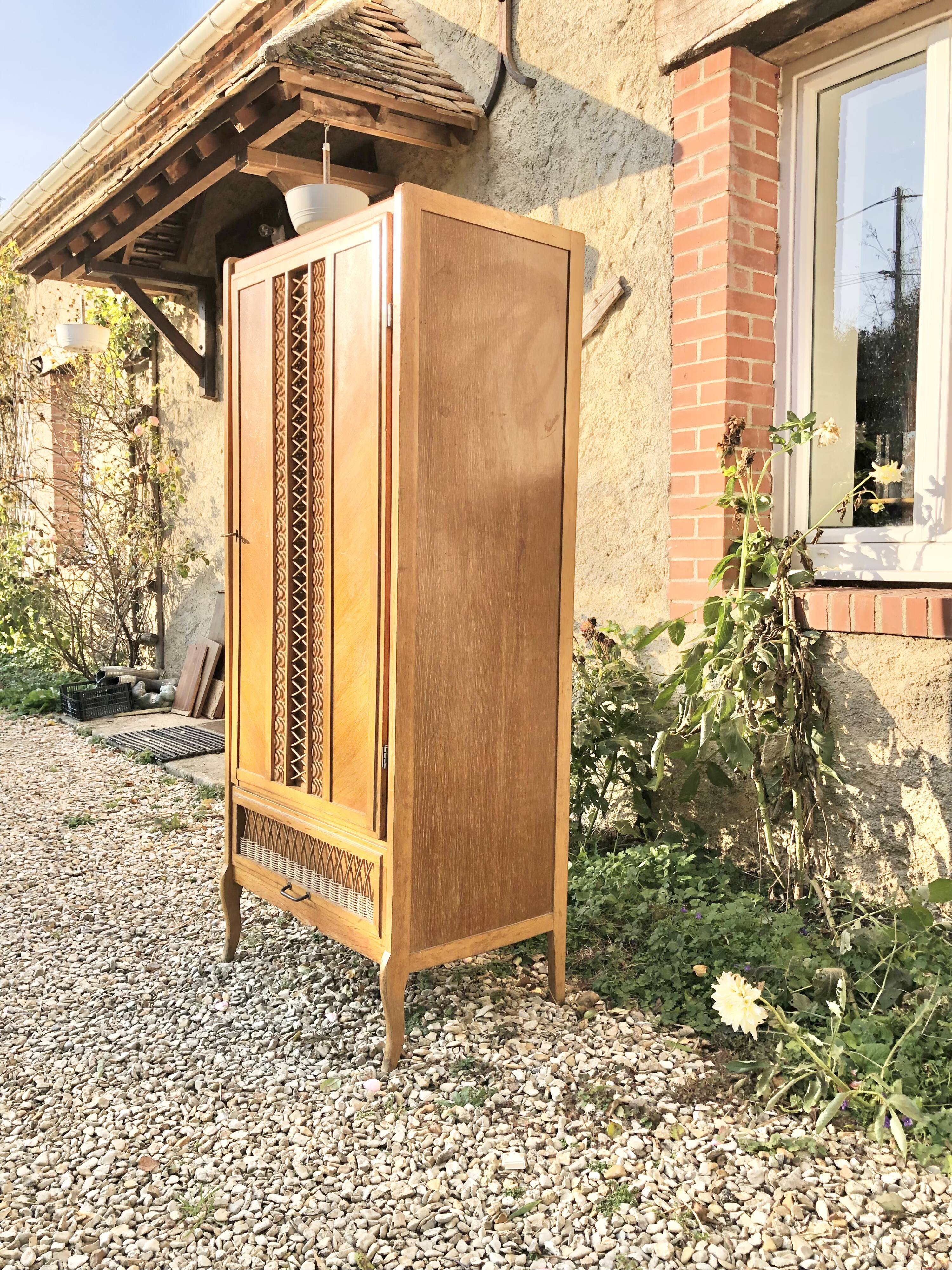 Chest of drawers wood and rattan cabinet