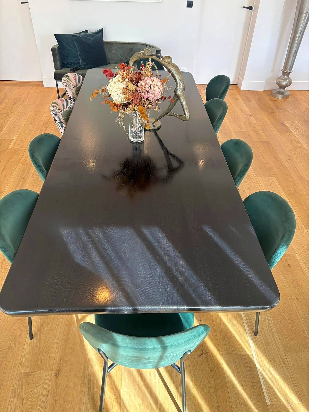 Set of 10 Calligaris Ines chairs in green velvet and tropical fabric.
