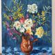 Bouquet on a blue background, oil on canvas signed Gisèle Renaut.