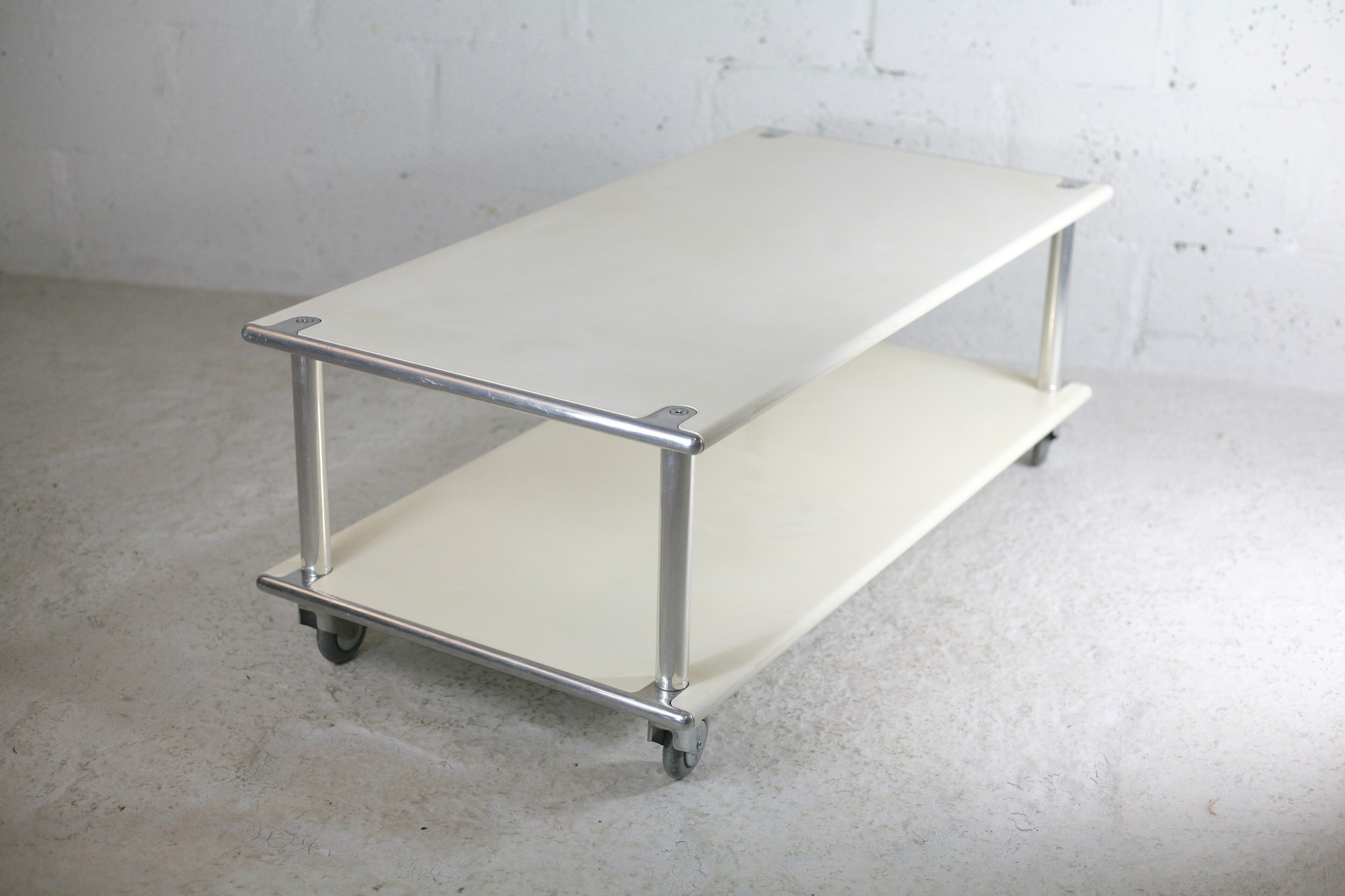 Coffee table in lacquered steel "cream", double trays, France, circa 1970