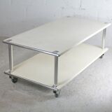 Coffee table in lacquered steel "cream", double trays, France, circa 1970
