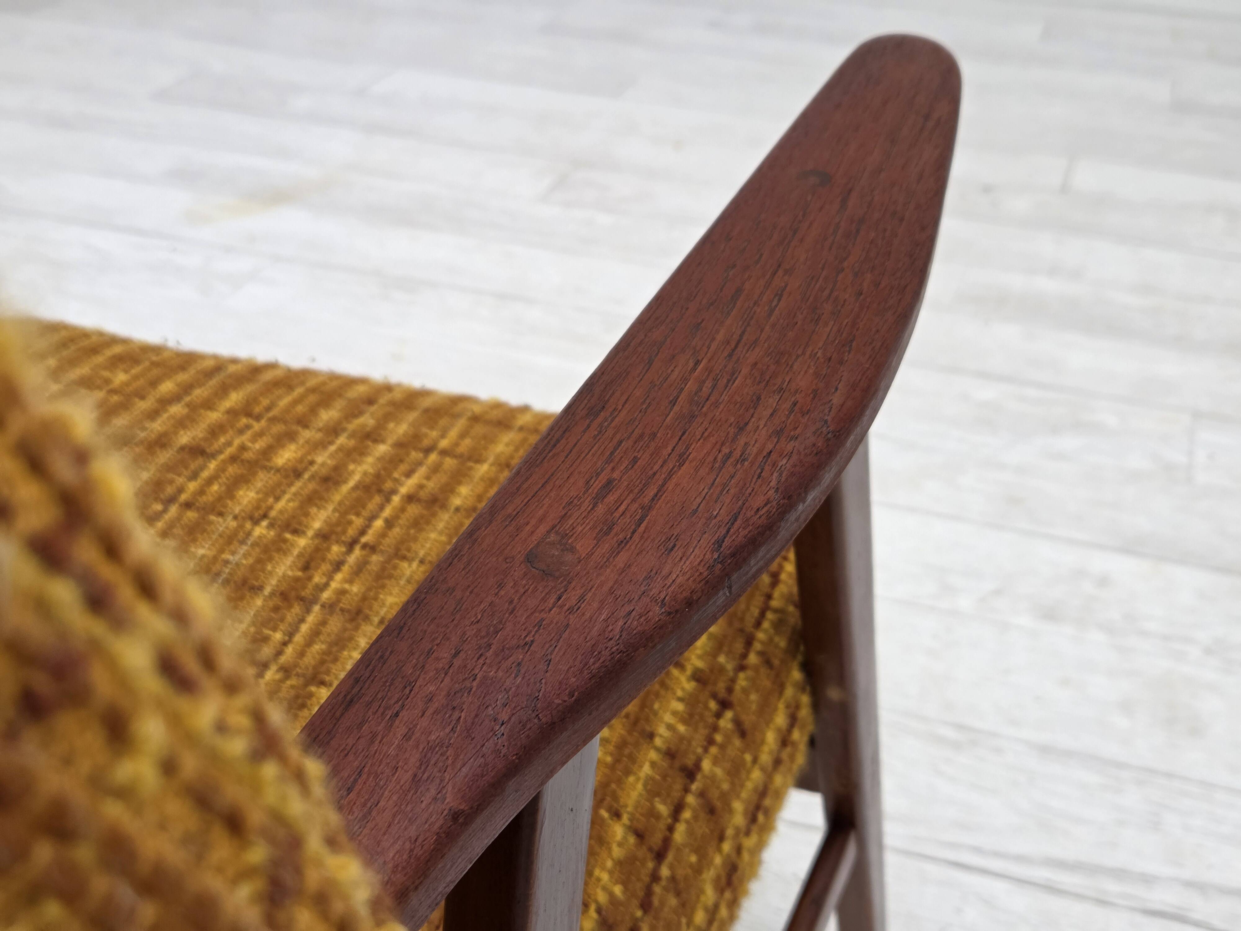 1960s, Danish armchair, furniture wool fabric, teak wood, oak wood.