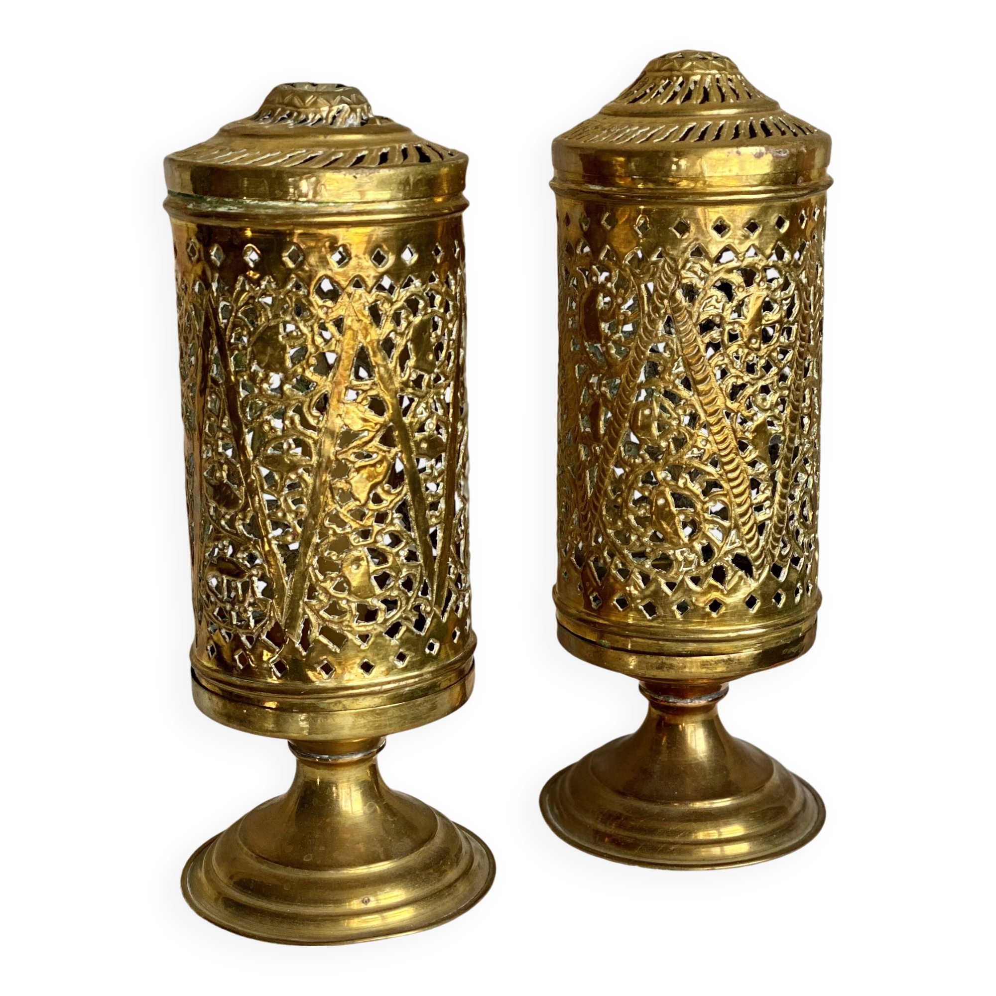 Pair of vintage openwork copper tealight candle holders