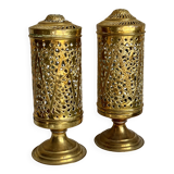 Pair of vintage openwork copper tealight candle holders