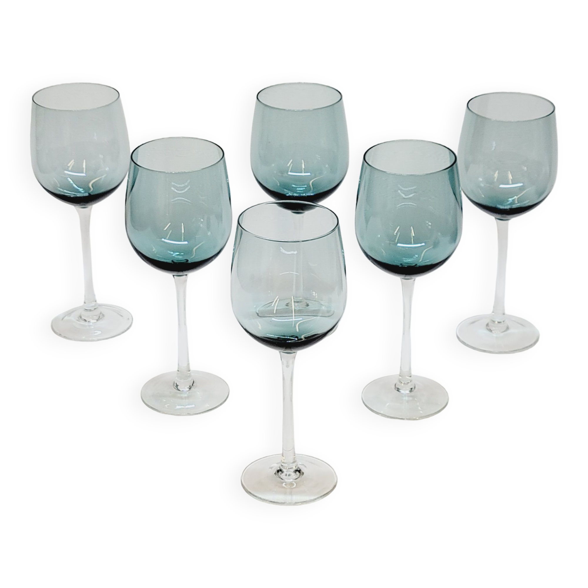 6 Large Wine or Water Balloon Glasses in Petrol Blue Color Blown Glass