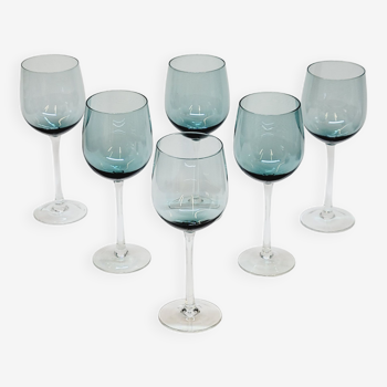 6 Large Wine or Water Balloon Glasses in Petrol Blue Color Blown Glass