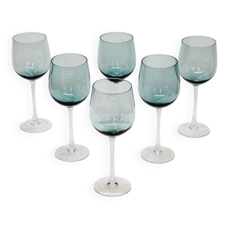 6 Large Wine or Water Balloon Glasses in Petrol Blue Color Blown Glass