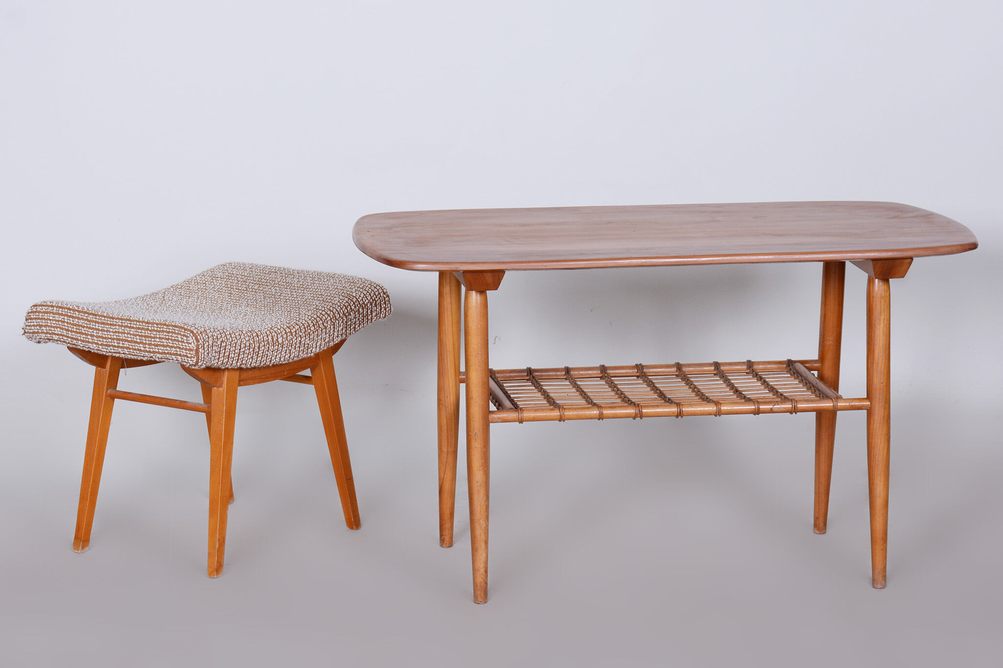 Restored Mid-Century Style Coffee Table, Cherry-Tree, Rattan, 1950s, Czechia