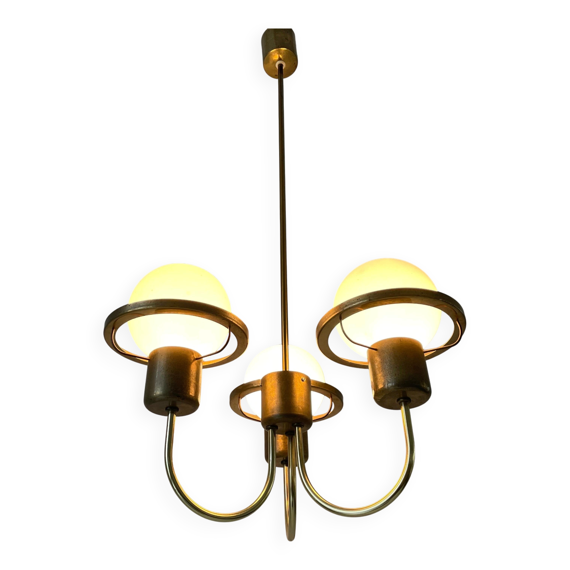 Suspended lamp with 3 glass balls and brass frame, Germany, 1960s