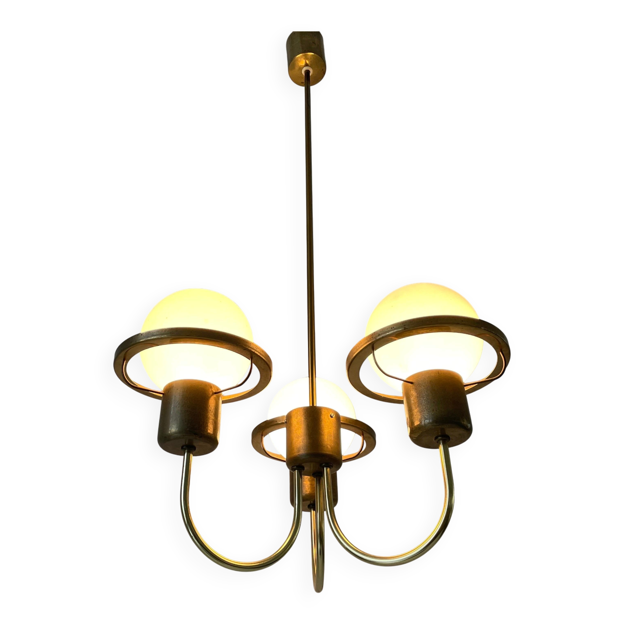 Suspended lamp with 3 glass balls and brass frame, Germany, 1960s
