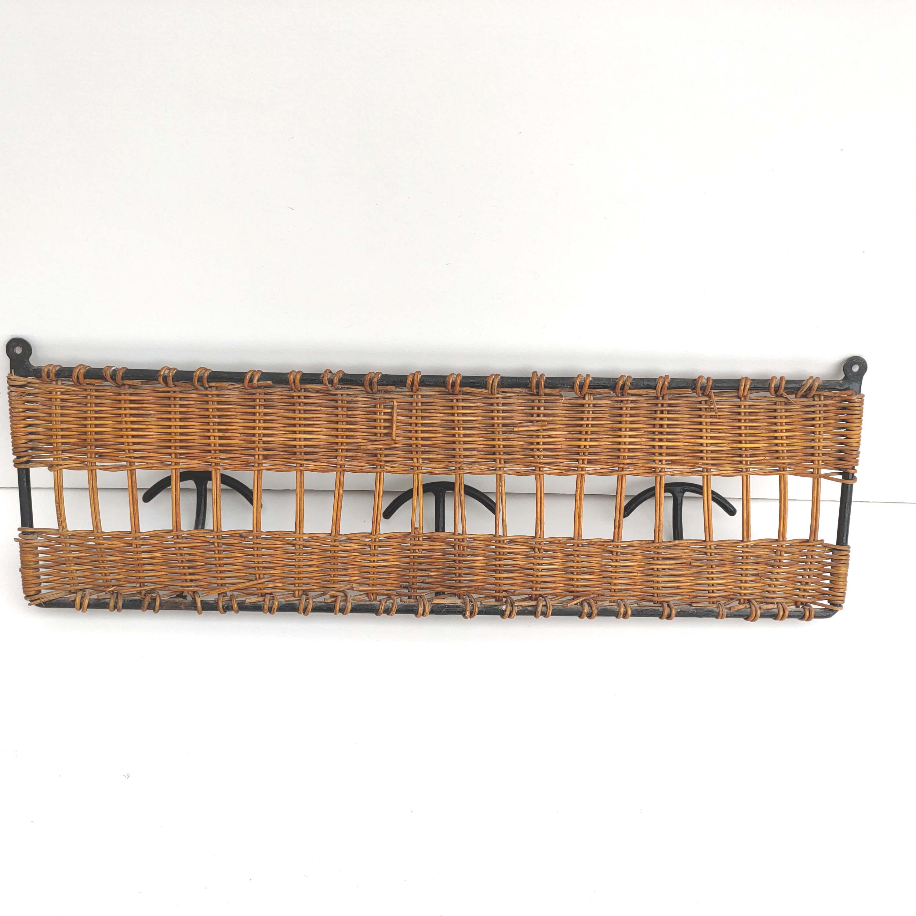 Wall-mounted coat rack with 3 patères in iron and rattan 60s