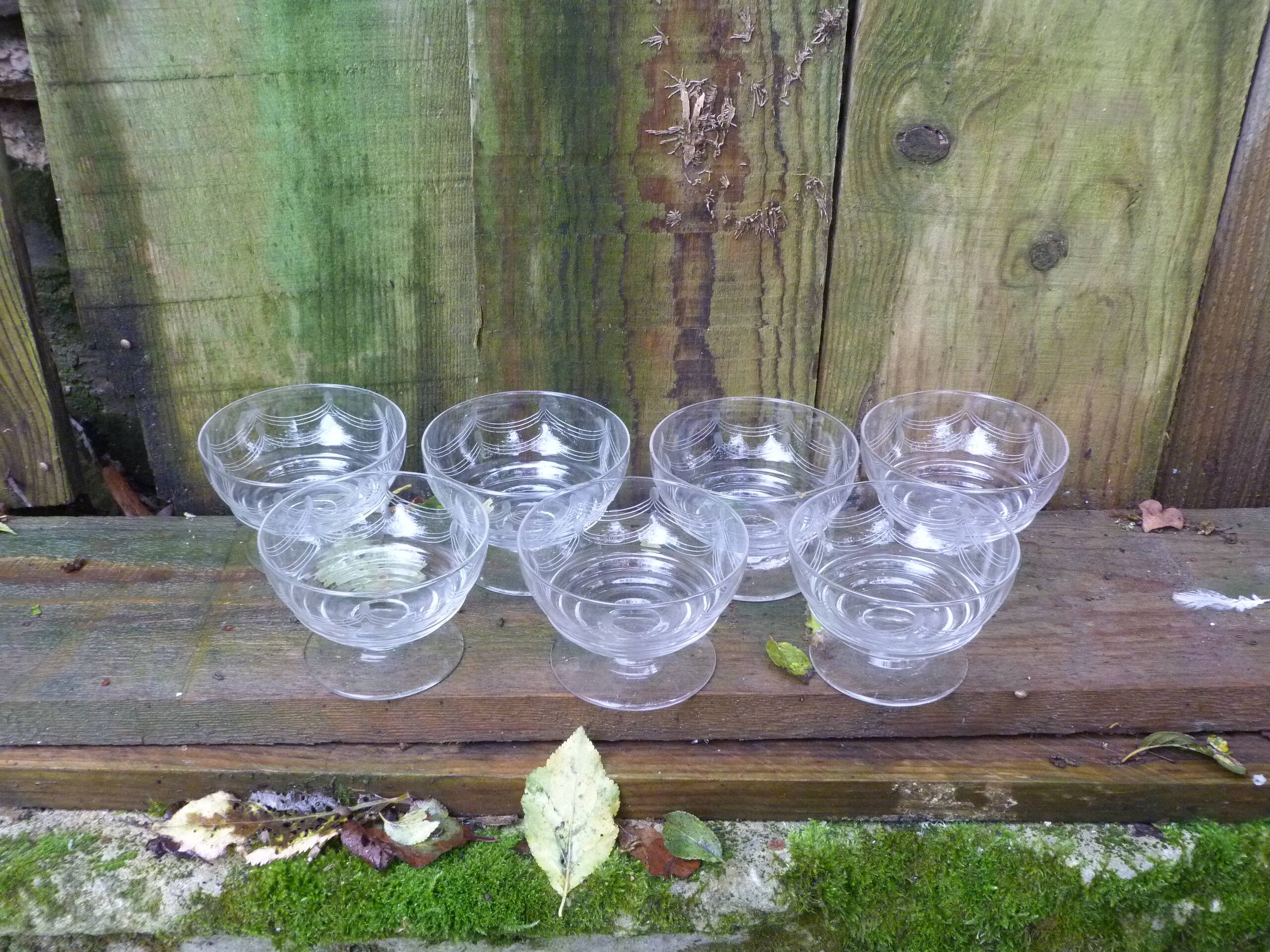 Set of 7 engraved crystal stemmed dessert cups