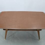 Mid-century German coffee table with rattan shelf and brass legs