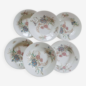 6 earthenware soup plates polychrome floral decoration Lunéville Bleuet collection