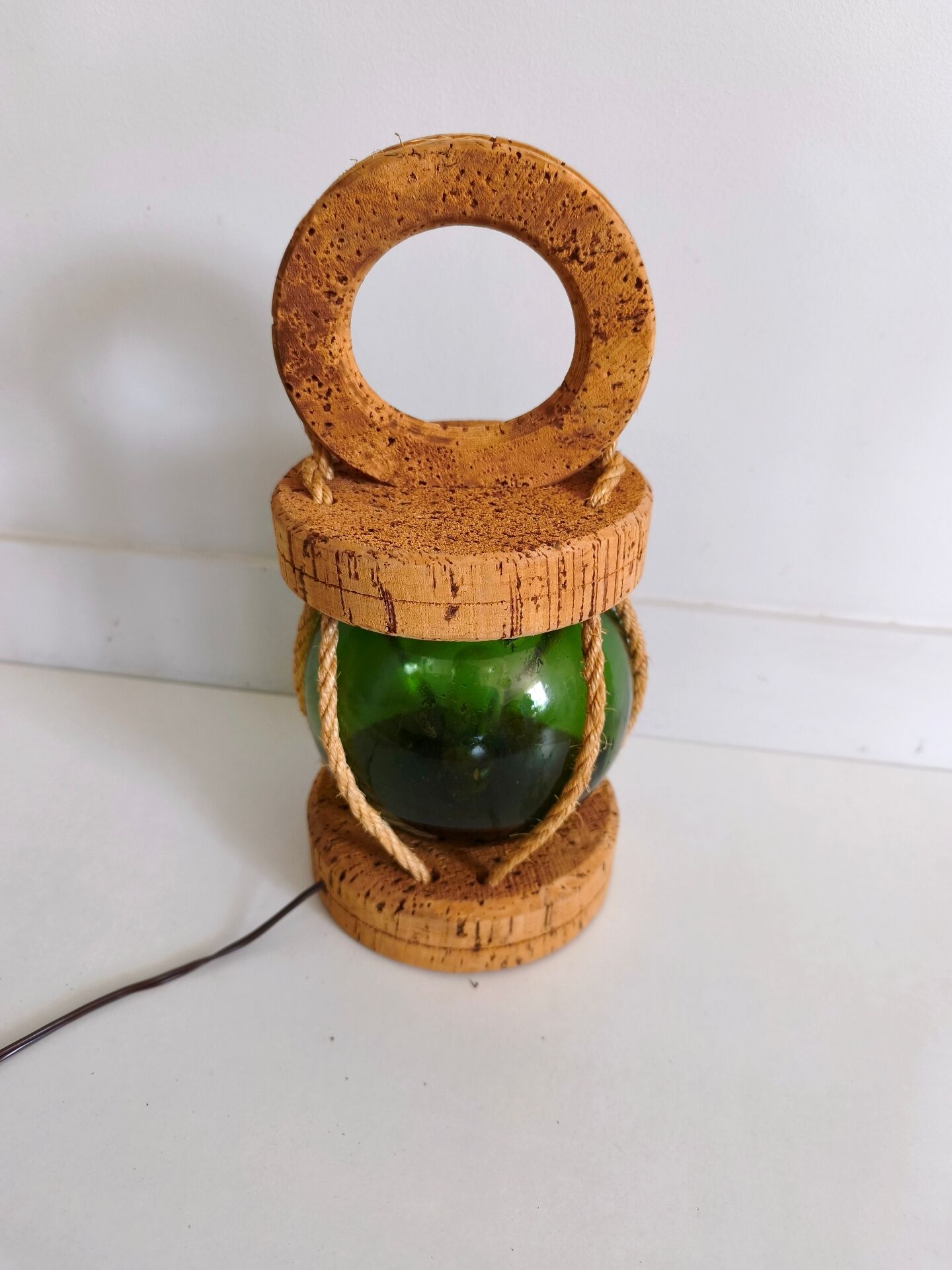 Vintage floating marine lamp made of cork and glass.