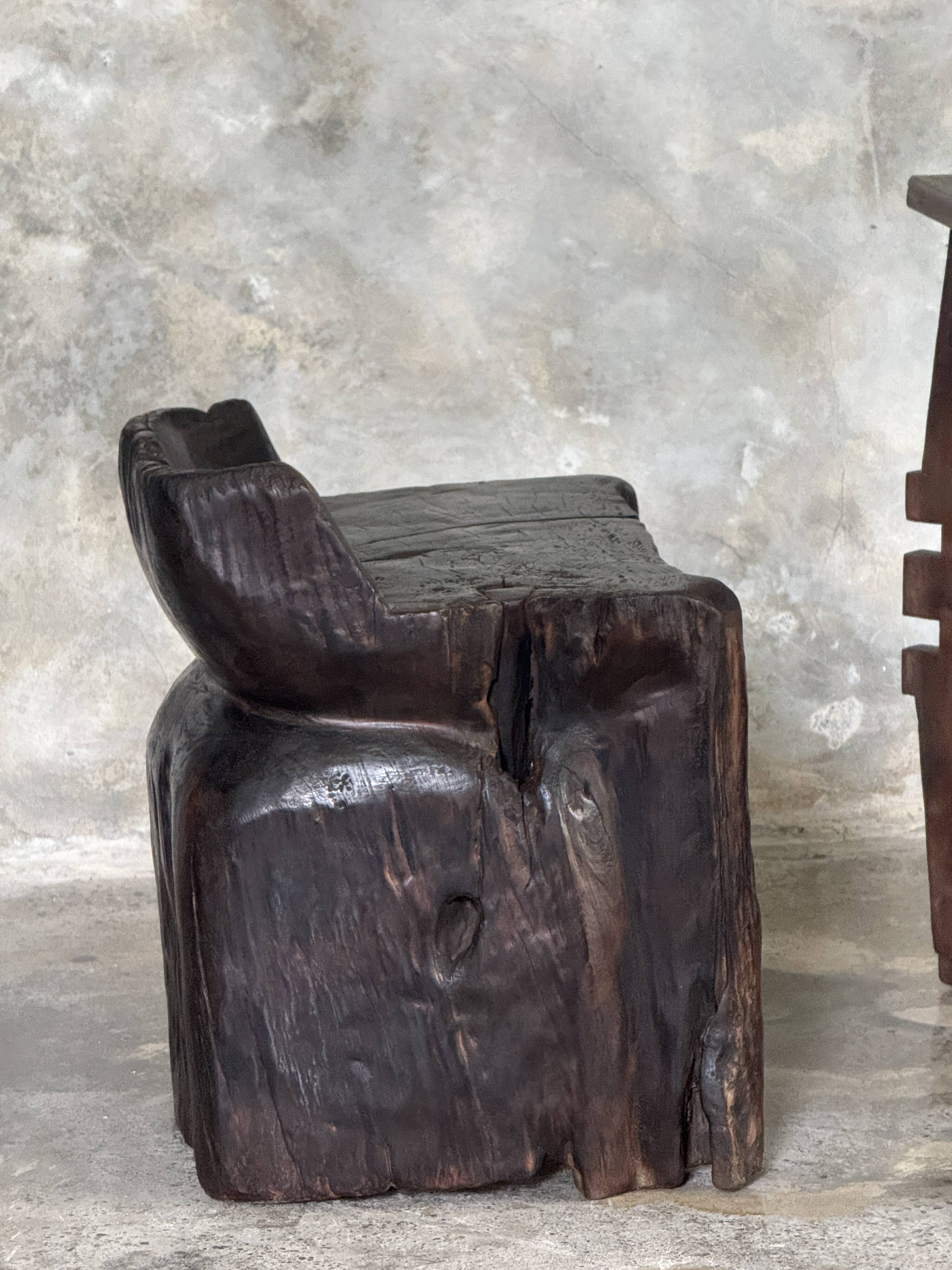 Stool, tabouret or low Japanese-style armchair in brutalist monoxyle radica.