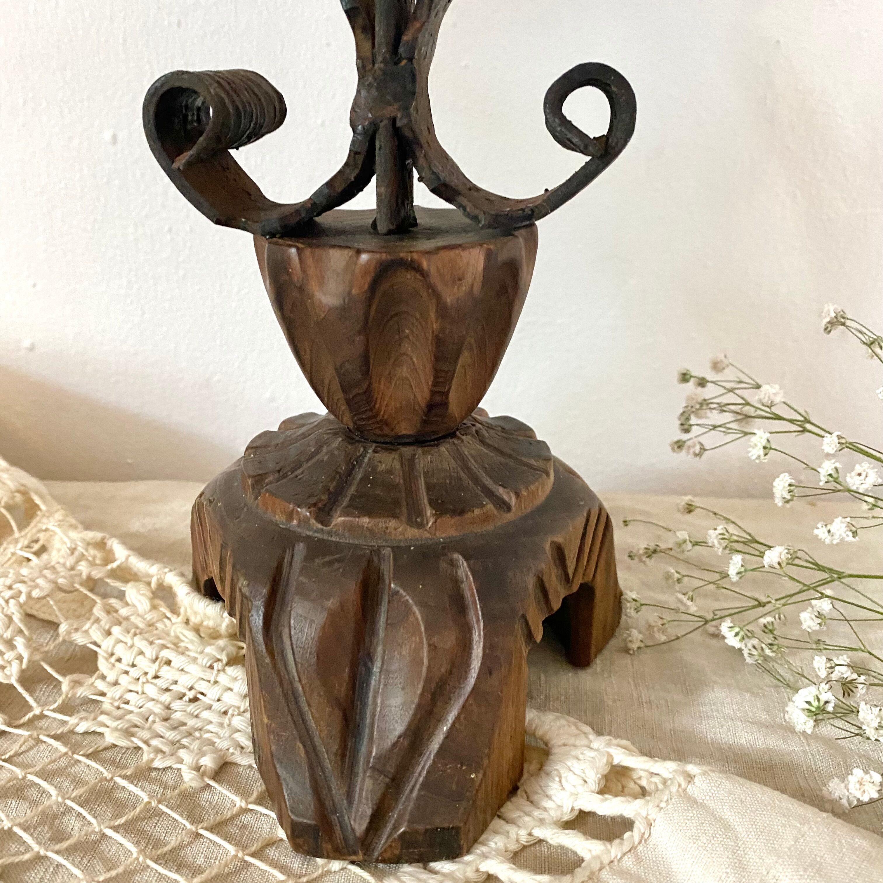 Vintage wooden and wrought iron chandelier