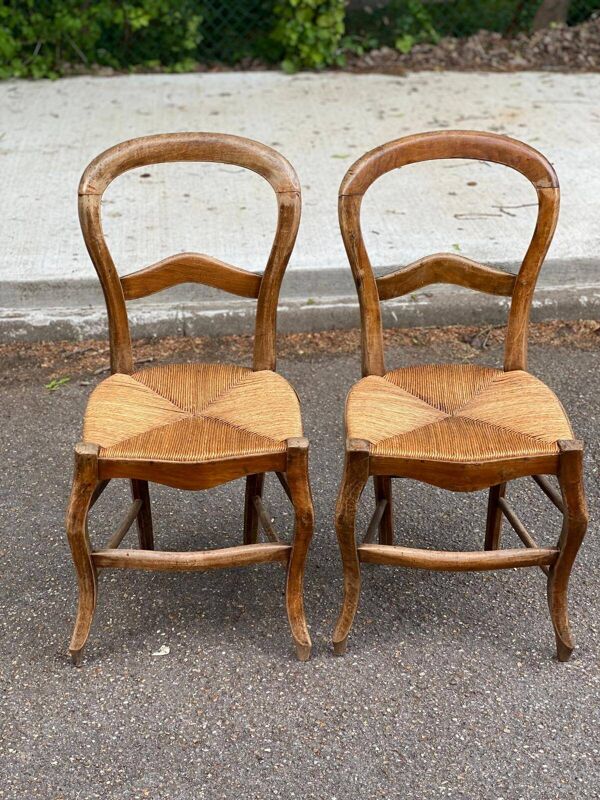 2 chaises louis philippe bois massif courbé et paille