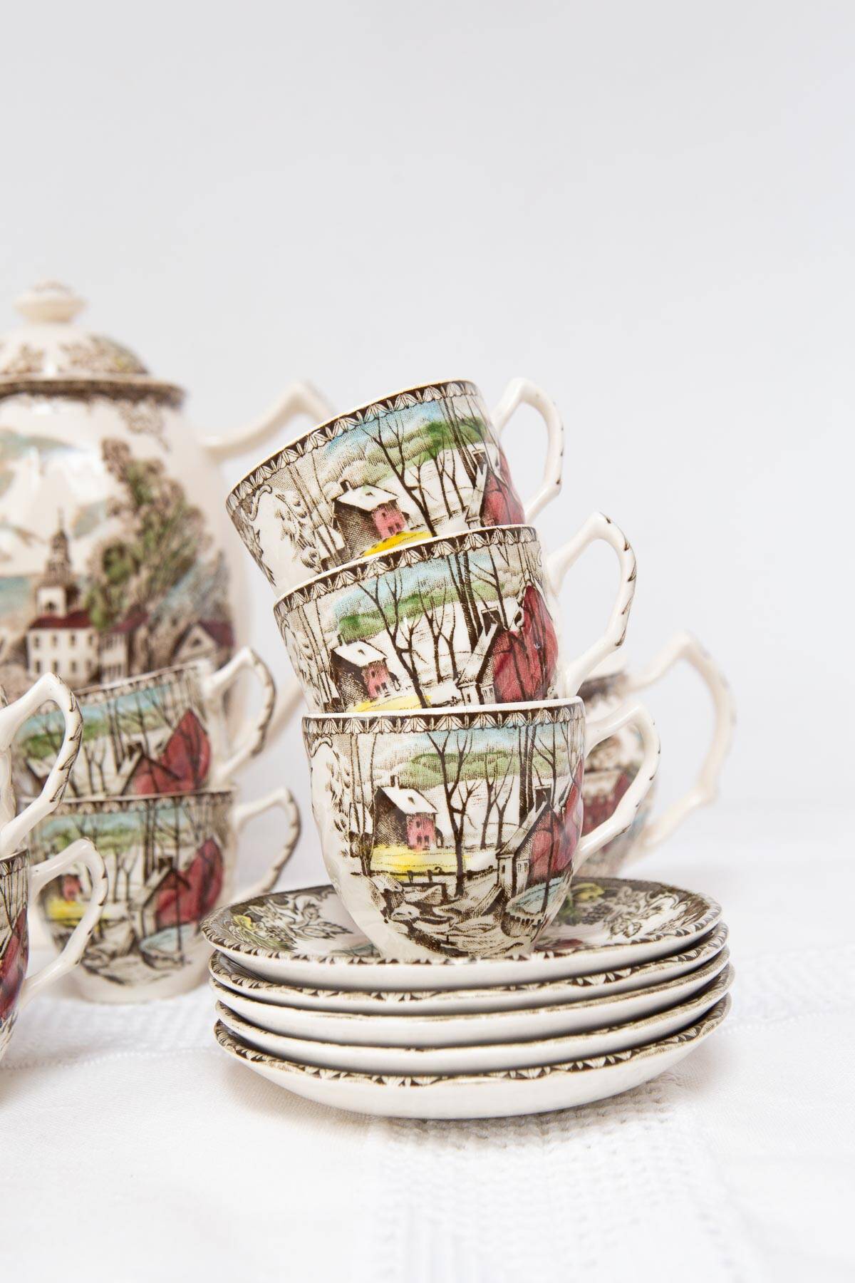 English coffee service for 12 people, “The Friendly Village” Johnson Bros 1960