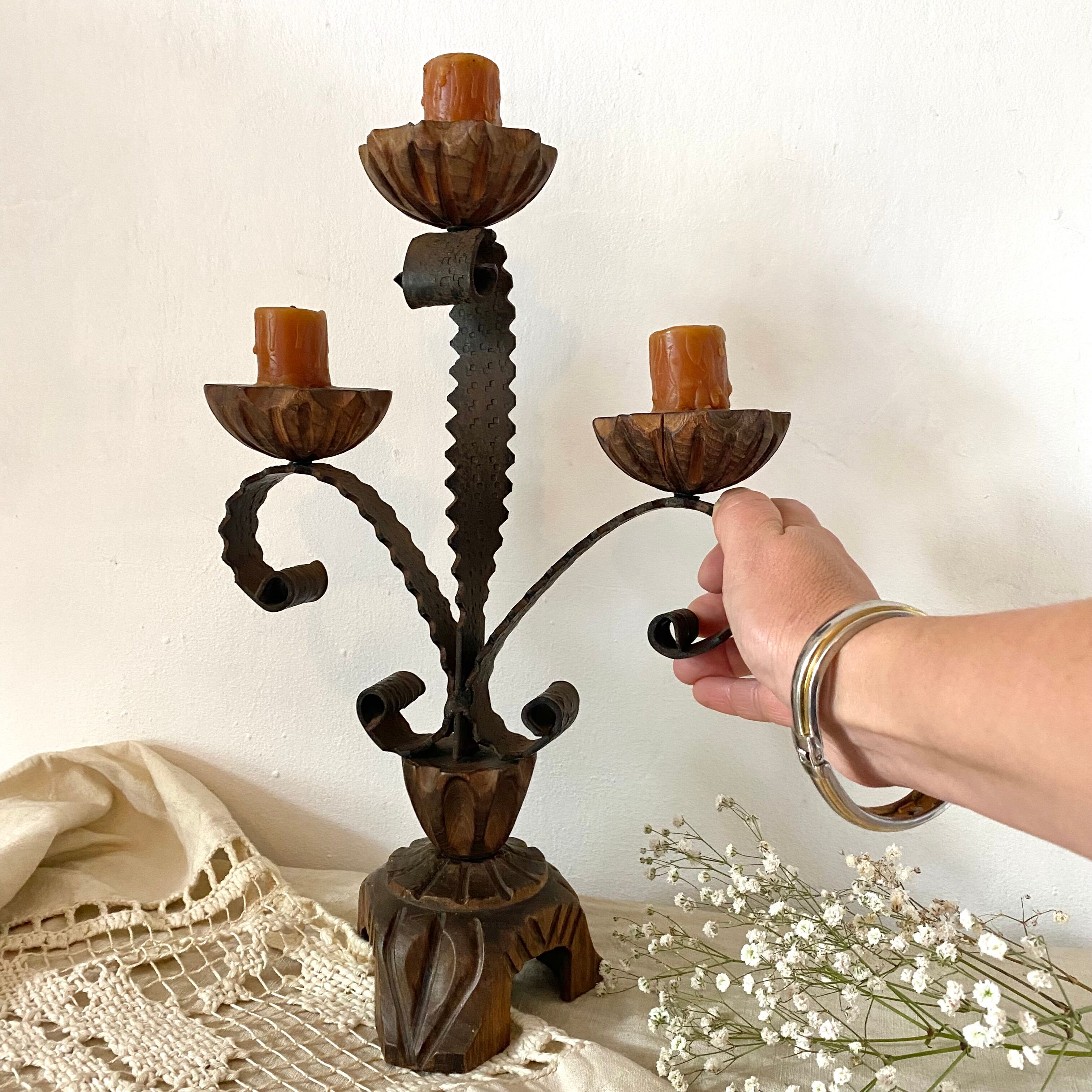 Vintage wooden and wrought iron chandelier