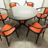 Baumann Diese table and 6 armchairs, Pagnon Pelhaître design, Wenge and red color,