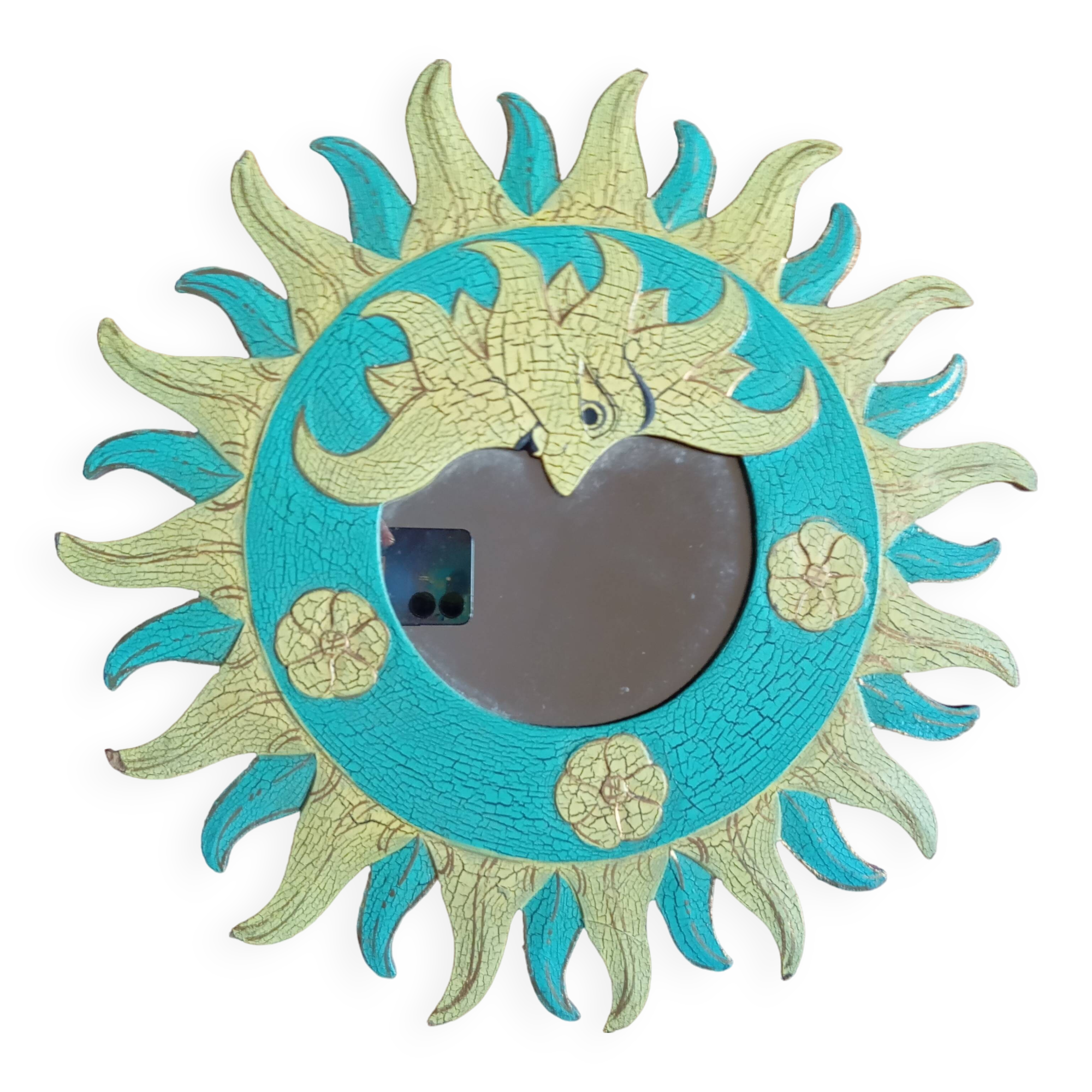 Yellow green wooden sun mirror